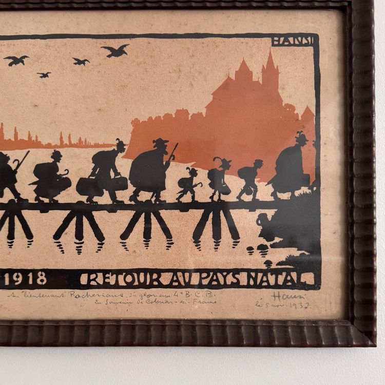 Farblithografie von Hansi, Rheinüberquerung, 1918