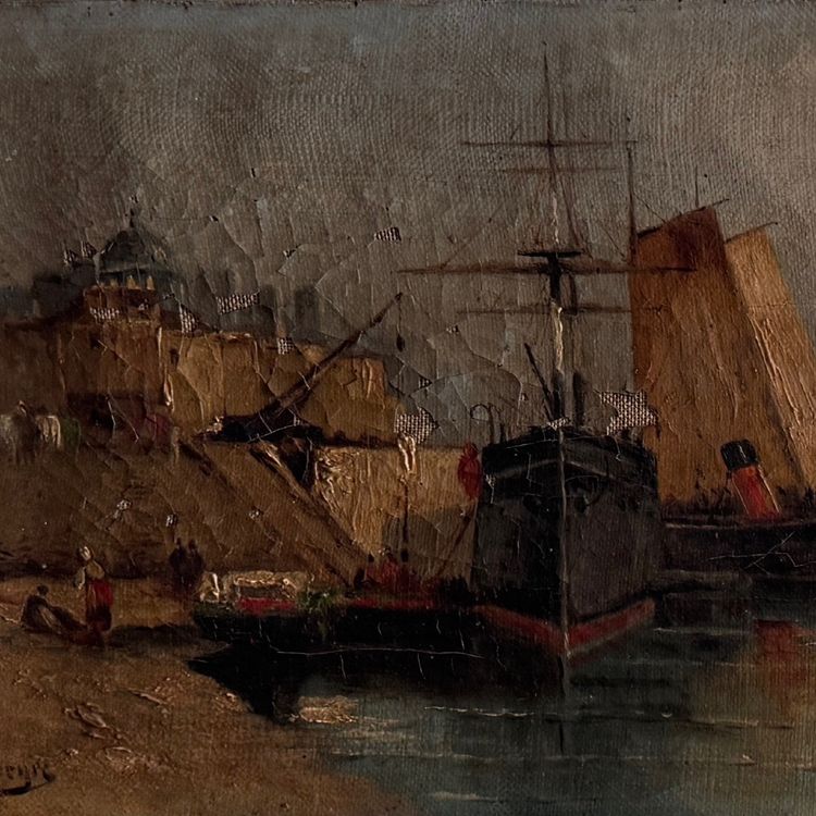 Oil on canvas depicting a boat at dock in the late 19th century by H. Hapeyre