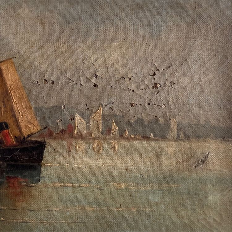Oil on canvas depicting a boat at dock in the late 19th century by H. Hapeyre