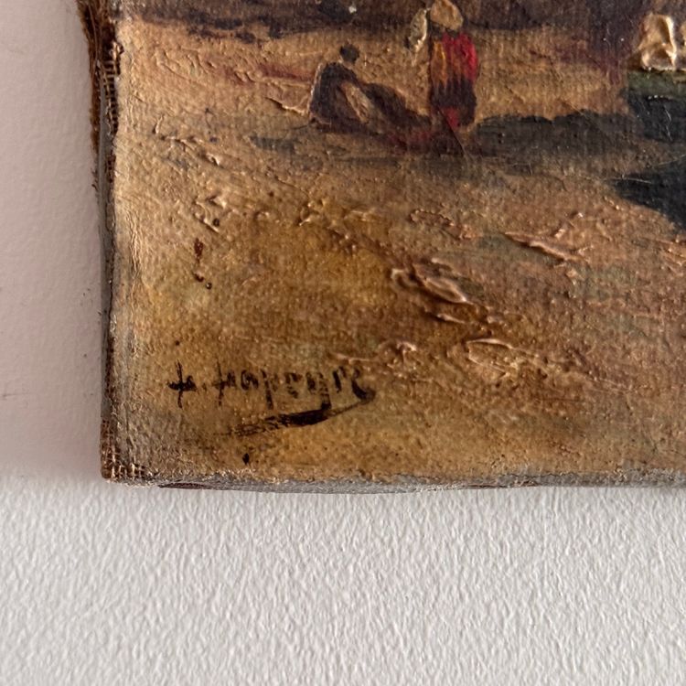 Oil on canvas depicting a boat at dock in the late 19th century by H. Hapeyre