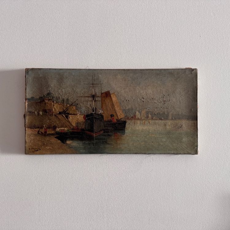 Oil on canvas depicting a boat at dock in the late 19th century by H. Hapeyre