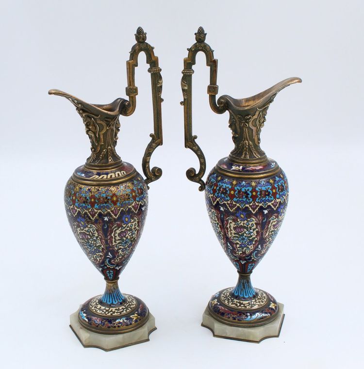 Pair of Bronze and Cloisonné Enamel Vases with Mythological Motifs