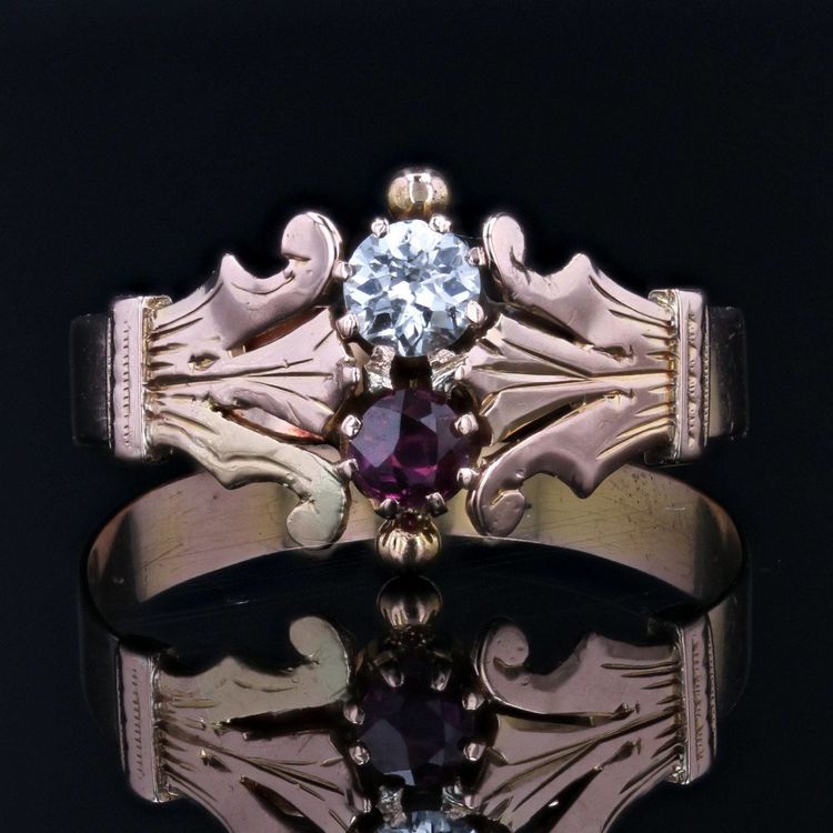 Bague Ancienne Or Rose Diamant Rubis