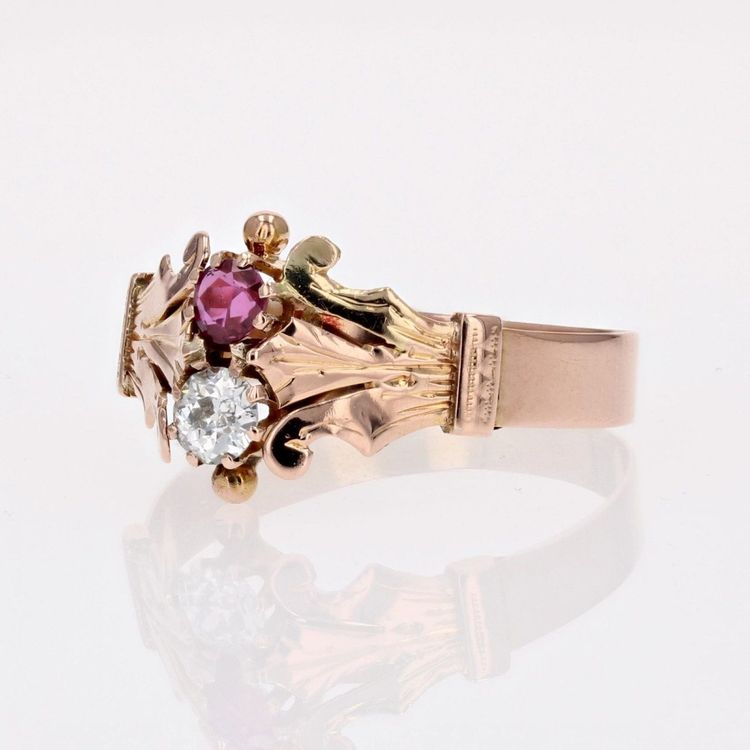 Bague Ancienne Or Rose Diamant Rubis