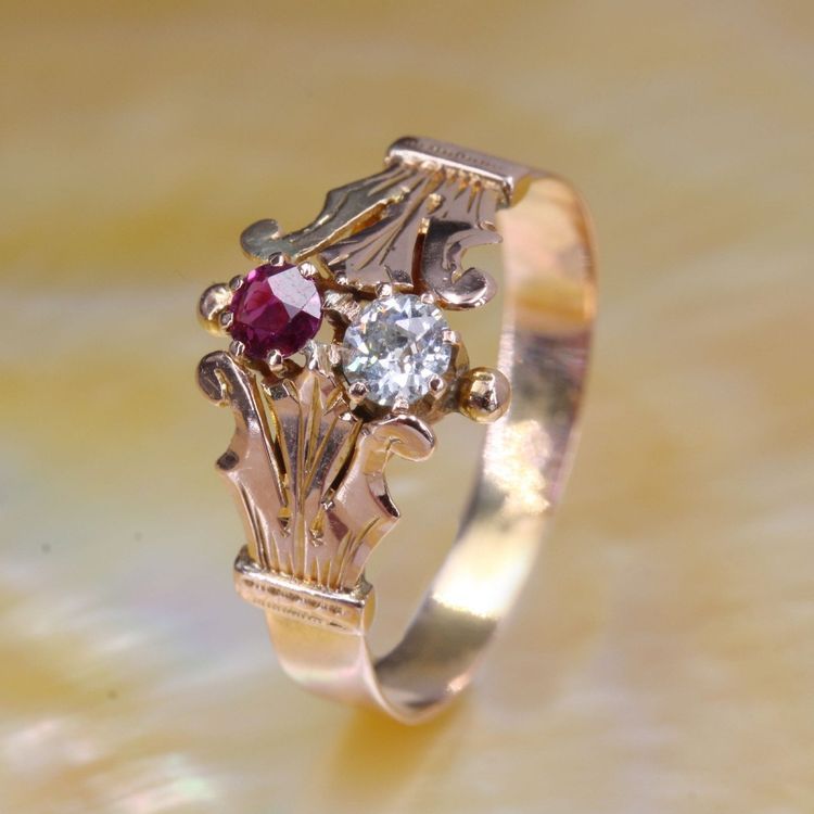 Bague Ancienne Or Rose Diamant Rubis