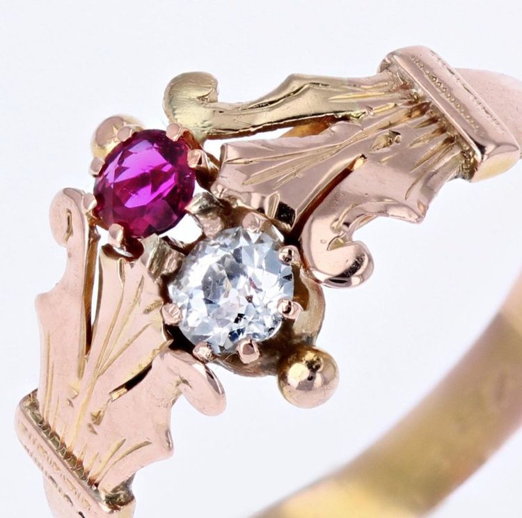 Bague Ancienne Or Rose Diamant Rubis