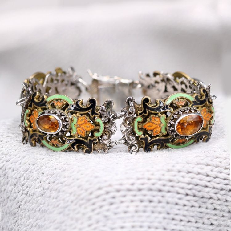 Bracelet Ancien Argent émail Et Citrines