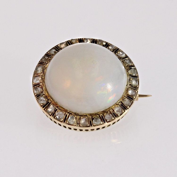Opal Brosche Diamanten Schwarz Emaille