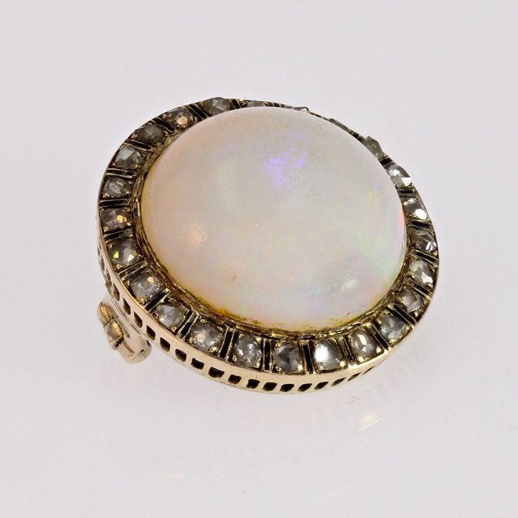 Opal Brosche Diamanten Schwarz Emaille