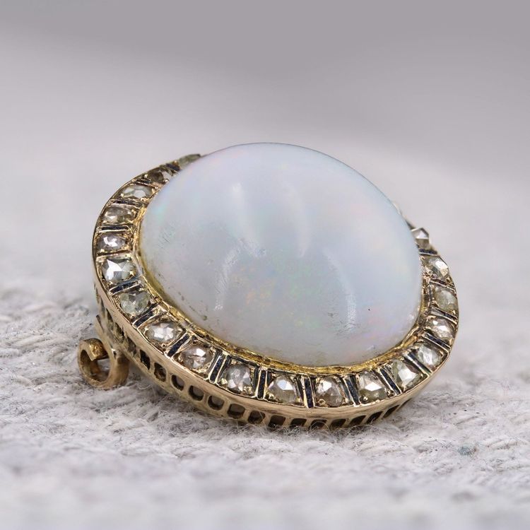 Opal Brosche Diamanten Schwarz Emaille