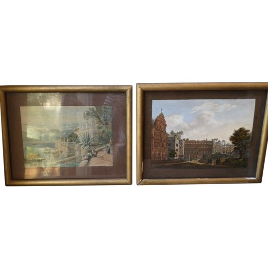 Pair of engravings enhanced with gouache - Landscape - Late 19th century
