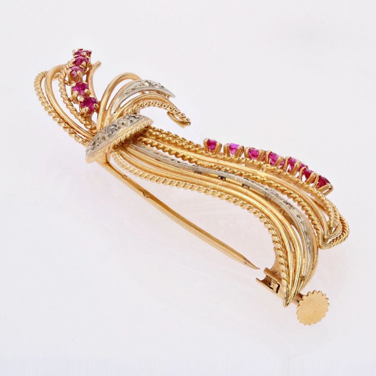 Broche Ancienne En Or Ajourée Diamants Et Rubis