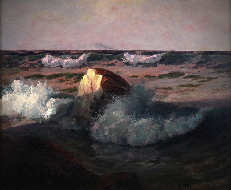 Peinture à l'huile sur panneau « Mer agitée avec bateau à vapeur à l'horizon » par S.A. Vinogradoff vers 1925