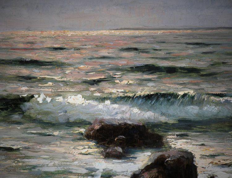 Peinture à l'huile sur toile « Mer agitée avec littoral à l'horizon » de Schubring