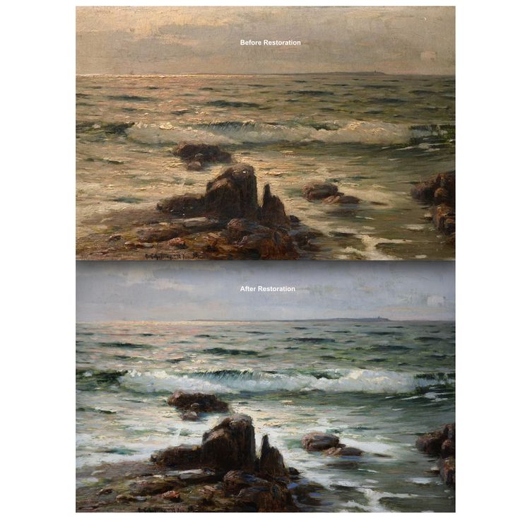 Peinture à l'huile sur toile « Mer agitée avec littoral à l'horizon » de Schubring