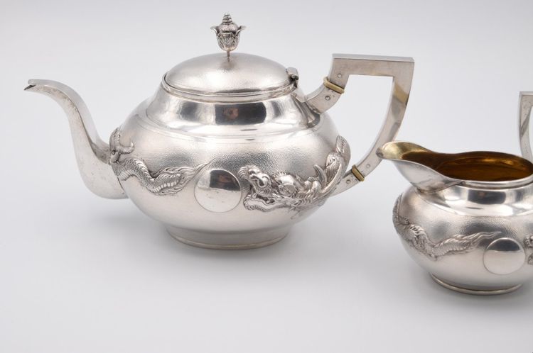 Tea and Coffee Set in Solid Silver, China, Circa 1900, with Dragon Decor
