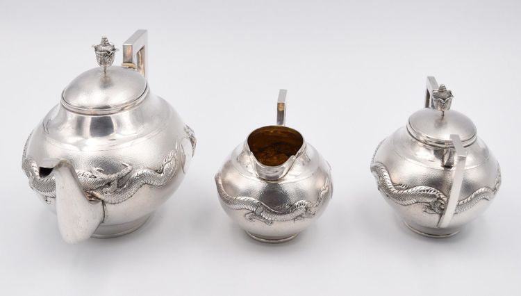 Tea and Coffee Set in Solid Silver, China, Circa 1900, with Dragon Decor