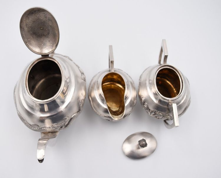Tea and Coffee Set in Solid Silver, China, Circa 1900, with Dragon Decor