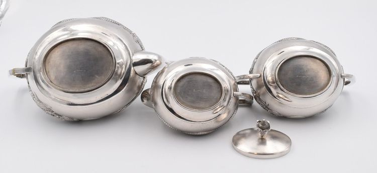 Tea and Coffee Set in Solid Silver, China, Circa 1900, with Dragon Decor