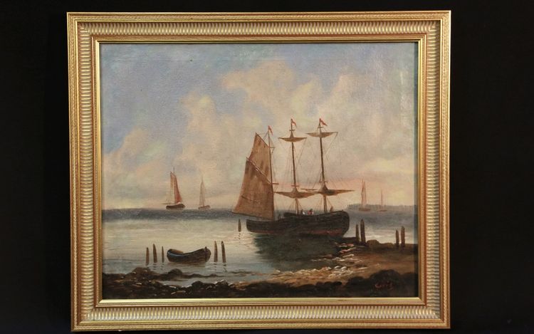Huile Sur Toile, Marine Signée Gabriel Bois, XIXème 