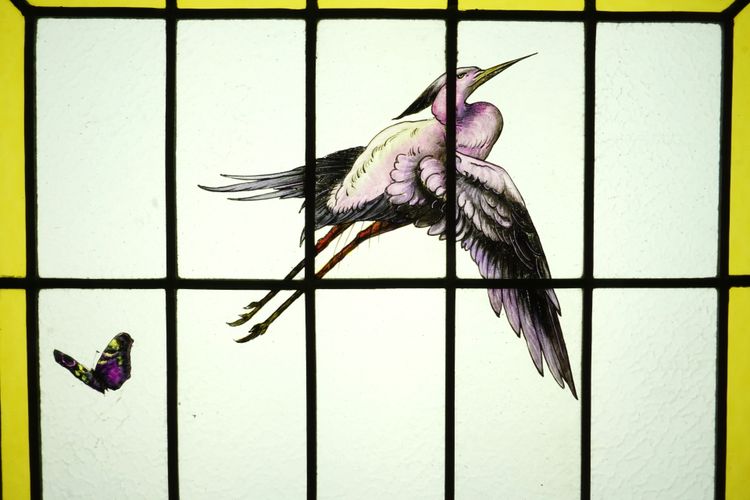 "Buntglas - Buntglasfenster - Flug eines Reihers über einem See"