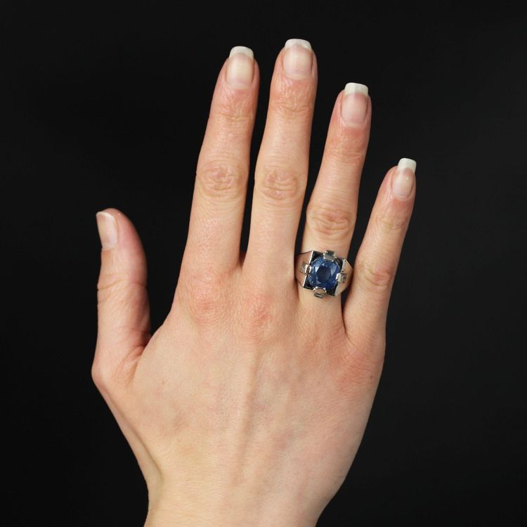Chevalière Art Déco Saphir De Ceylan Naturel Et Diamants Baguette