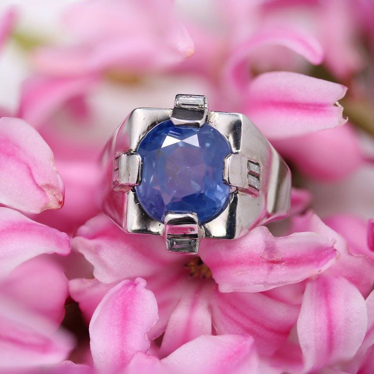 Chevalière Art Déco Saphir De Ceylan Naturel Et Diamants Baguette