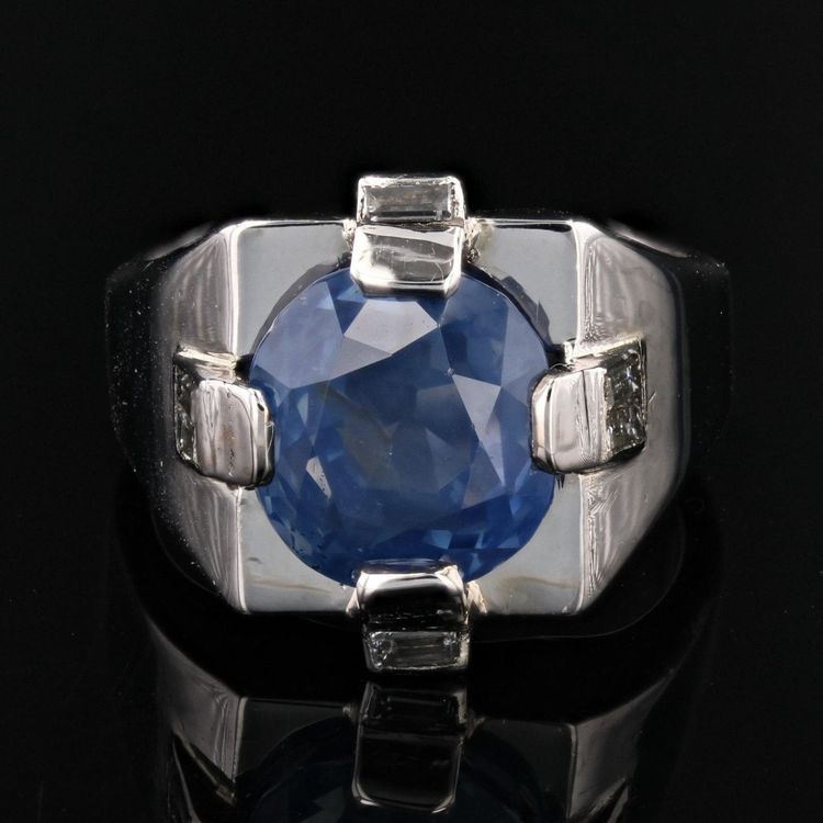Chevalière Art Déco Saphir De Ceylan Naturel Et Diamants Baguette