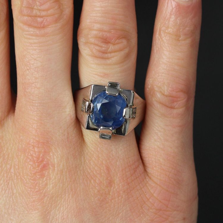 Chevalière Art Déco Saphir De Ceylan Naturel Et Diamants Baguette