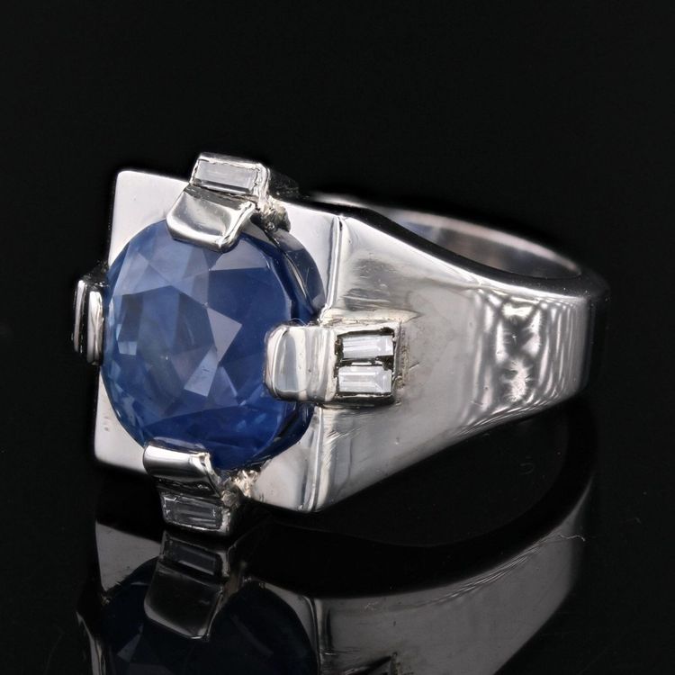 Chevalière Art Déco Saphir De Ceylan Naturel Et Diamants Baguette