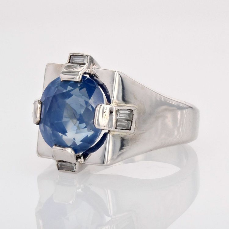 Chevalière Art Déco Saphir De Ceylan Naturel Et Diamants Baguette