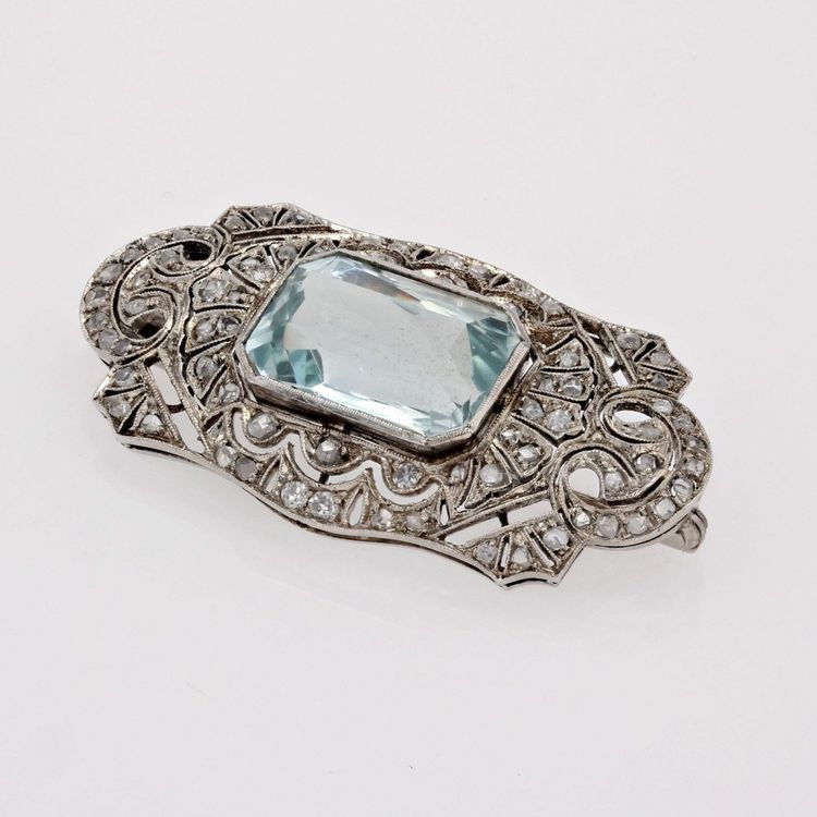 Art Deco Aquamarin- und Diamantbrosche