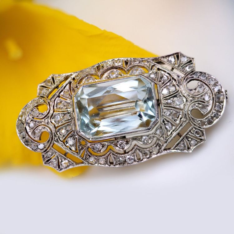 Art Deco Aquamarin- und Diamantbrosche