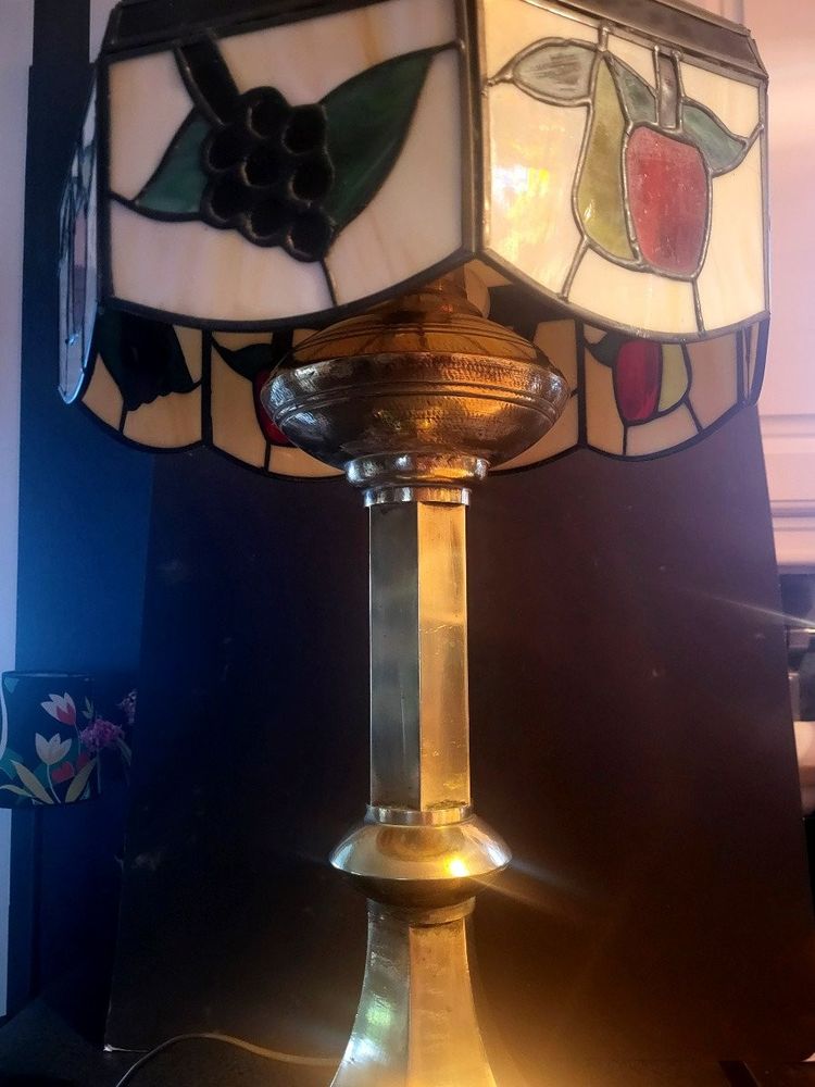 Grande Lampe Vitrail - Bronze Massif - XXème 