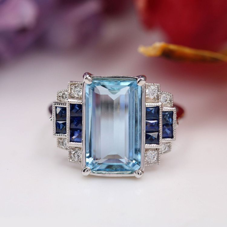 Bague Aigue-marine Saphirs Et Diamants Style Art Déco