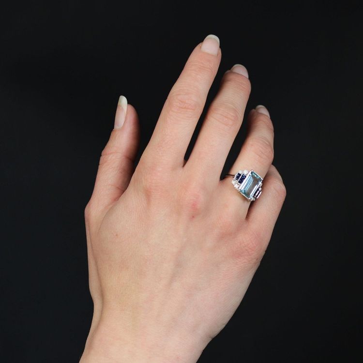 Bague Aigue-marine Saphirs Et Diamants Style Art Déco