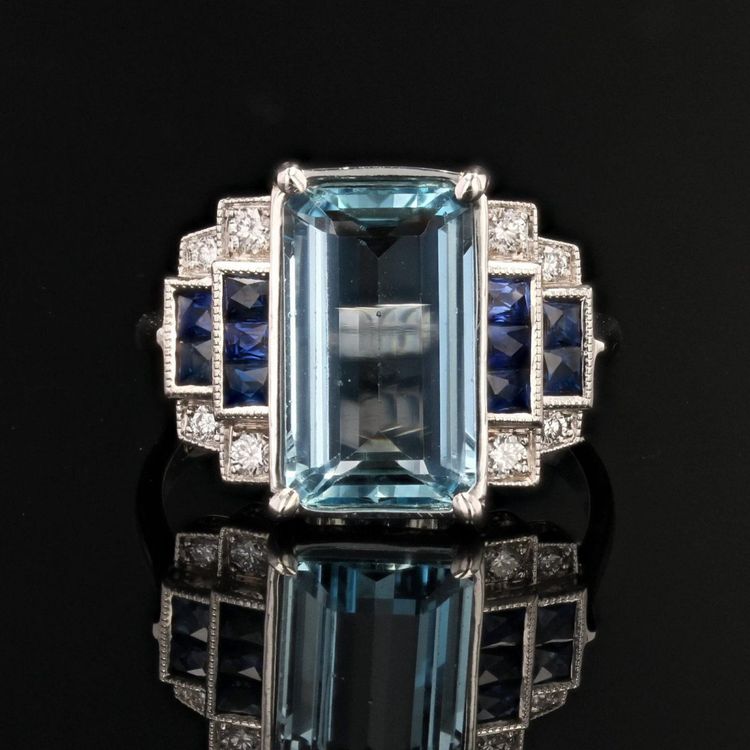 Bague Aigue-marine Saphirs Et Diamants Style Art Déco