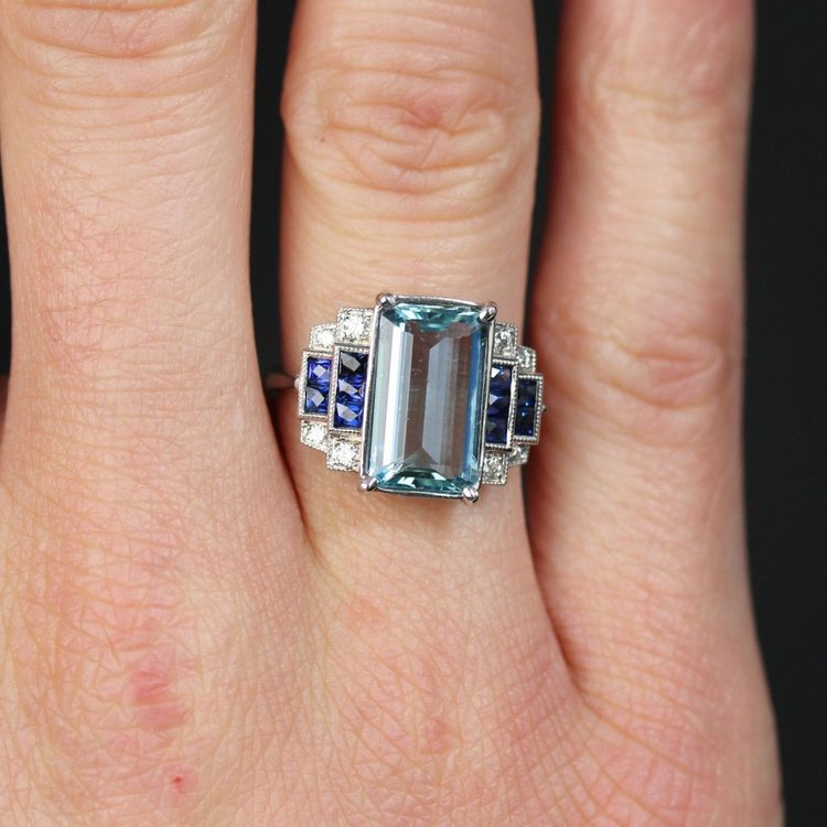 Bague Aigue-marine Saphirs Et Diamants Style Art Déco