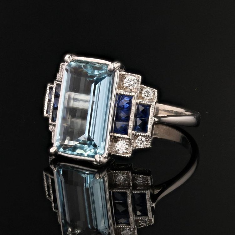 Bague Aigue-marine Saphirs Et Diamants Style Art Déco