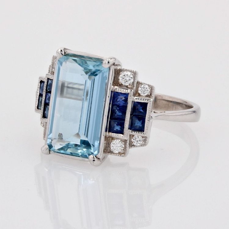 Bague Aigue-marine Saphirs Et Diamants Style Art Déco