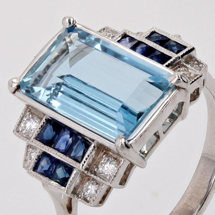 Bague Aigue-marine Saphirs Et Diamants Style Art Déco