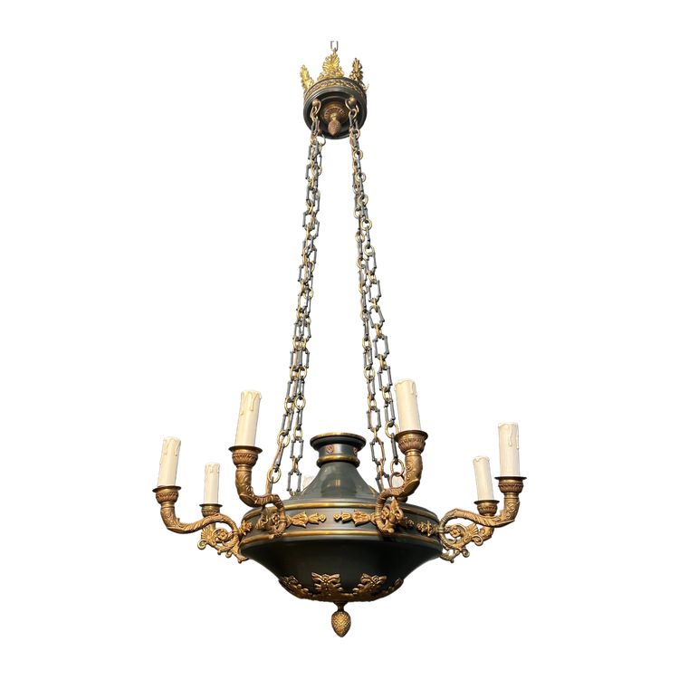 Important Lustre de Style Empire en Bronze et Tôle Verte