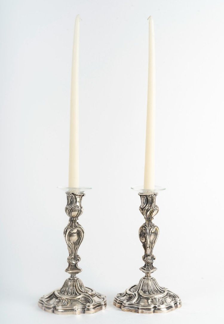 Pair of Louis XV Style Candlesticks in Silver-Plated Bronze