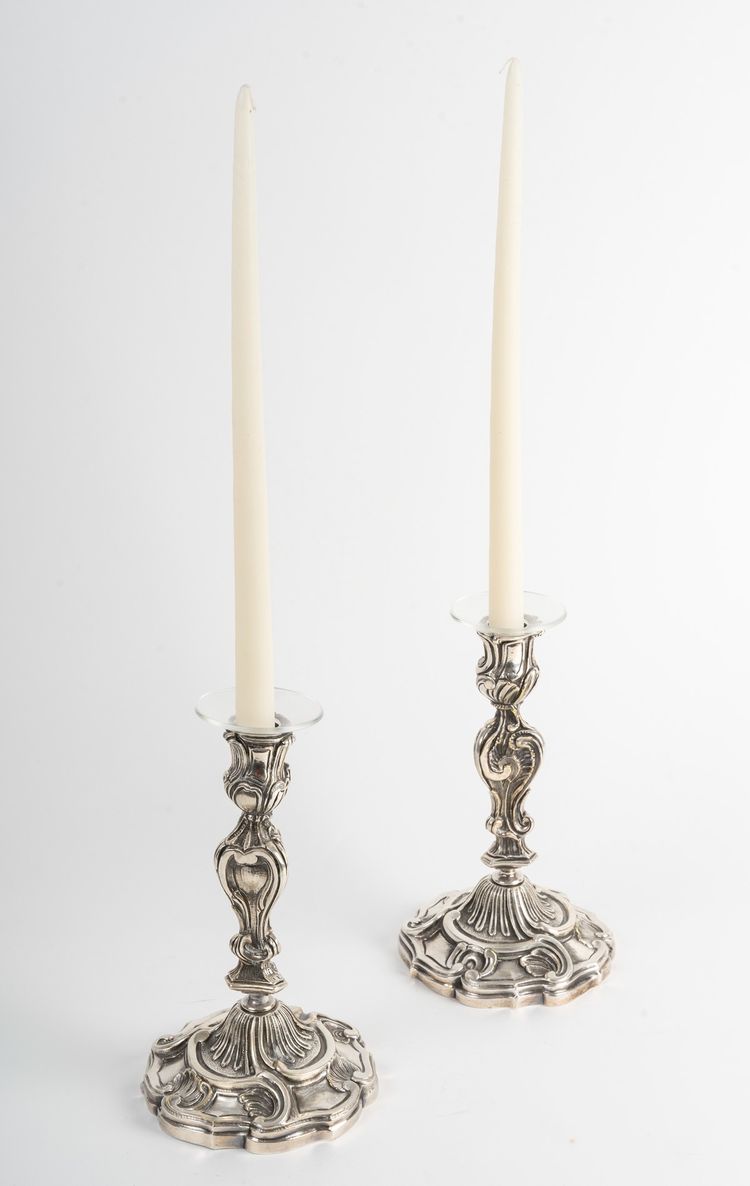 Pair of Louis XV Style Candlesticks in Silver-Plated Bronze