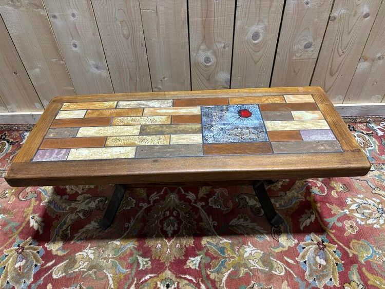 70s wood and ceramic coffee table