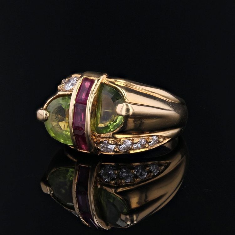 Bague Chevalière Péridot Diamants Et Rubis