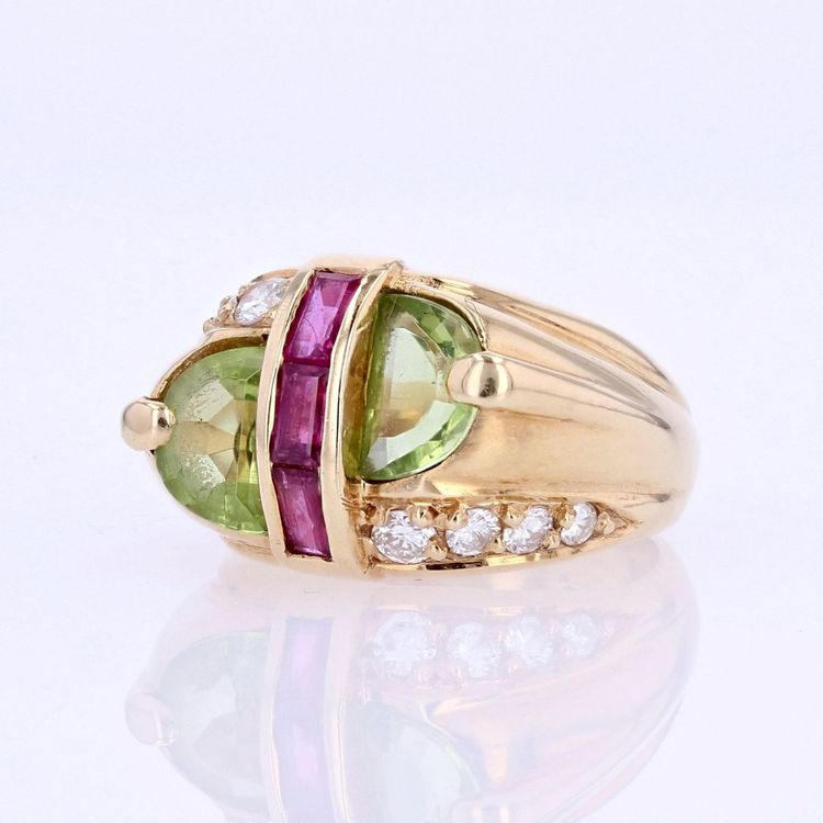 Bague Chevalière Péridot Diamants Et Rubis