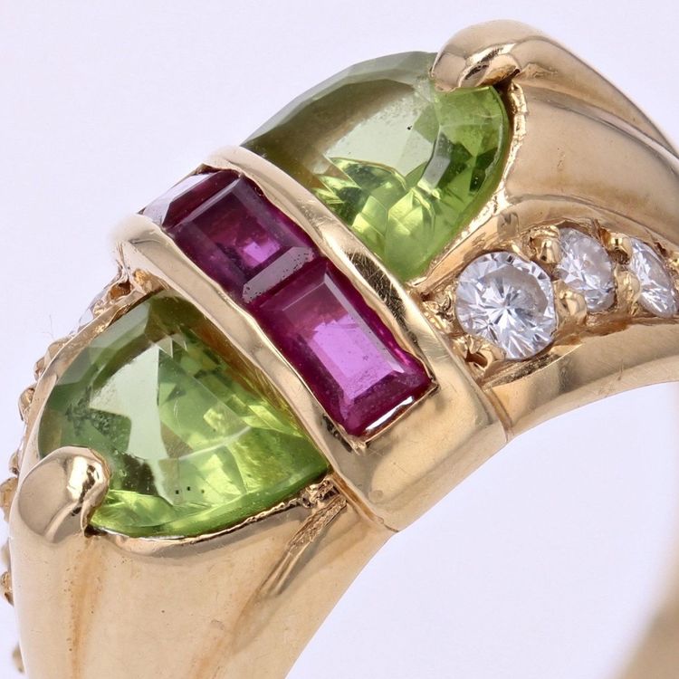 Bague Chevalière Péridot Diamants Et Rubis