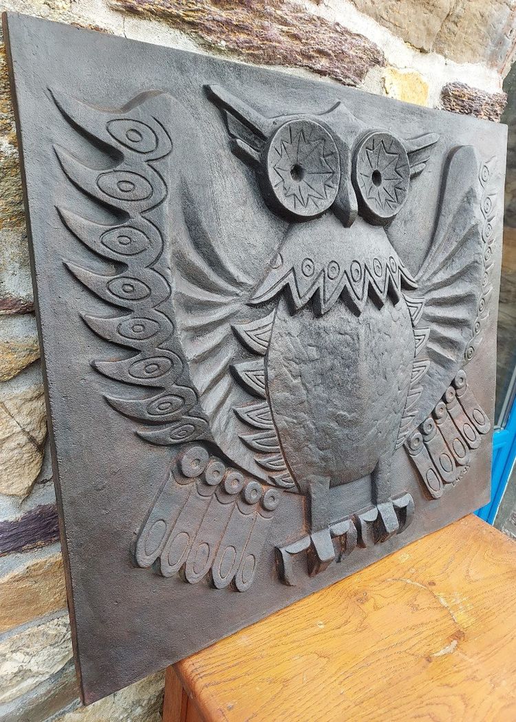 Large Modernist Owl Fireplace Plate Signed Lucas