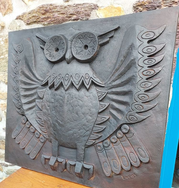 Large Modernist Owl Fireplace Plate Signed Lucas